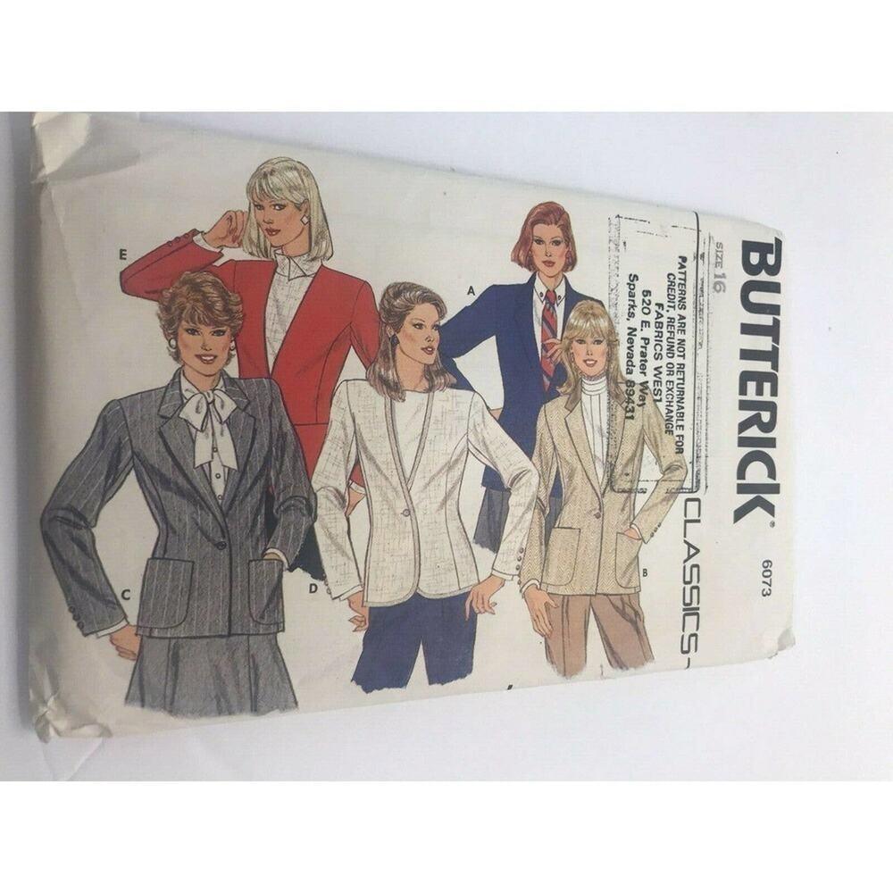 Vintage Butterick 6073 Misses Fitted Sport Jacket Suit Sewing Pattern Uncut 16